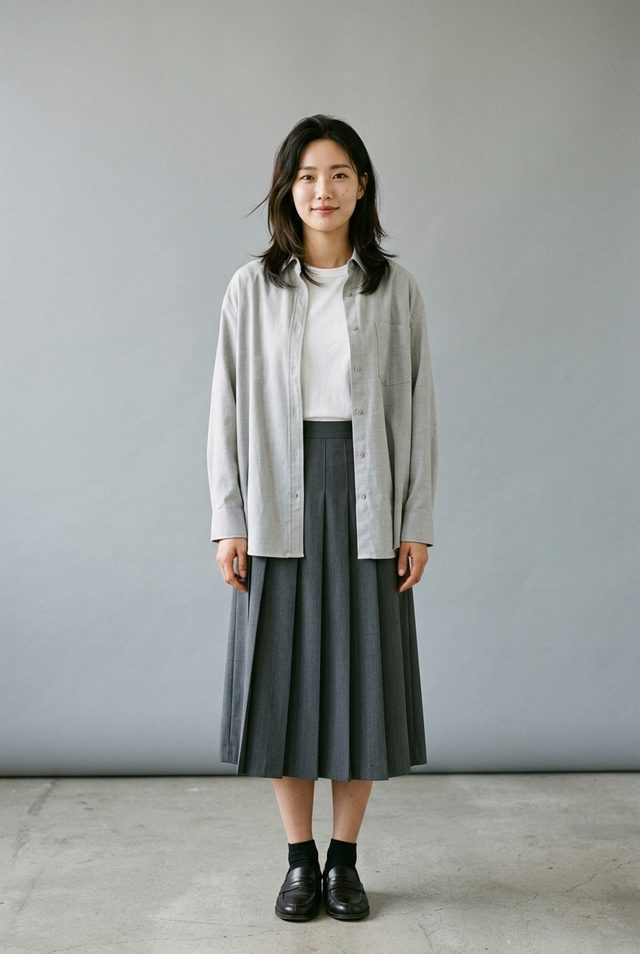 회색 배경 스튜디오에서 서 있는 촬영 원본